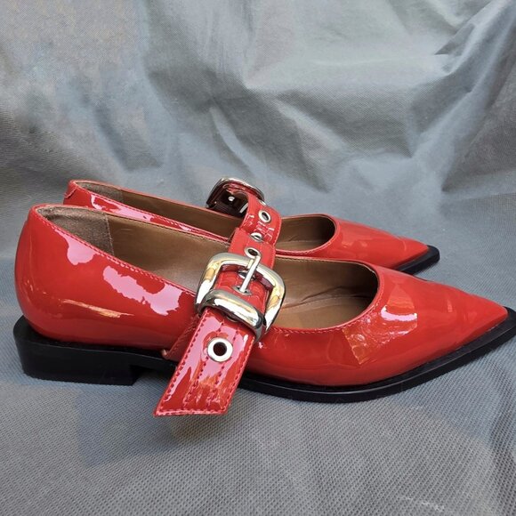 Anthropologie Shoes - MAEVE Patent Leather Cherry Red Moto Pointed Toe Mary Jane Flats Shoes Sz 36 5.5